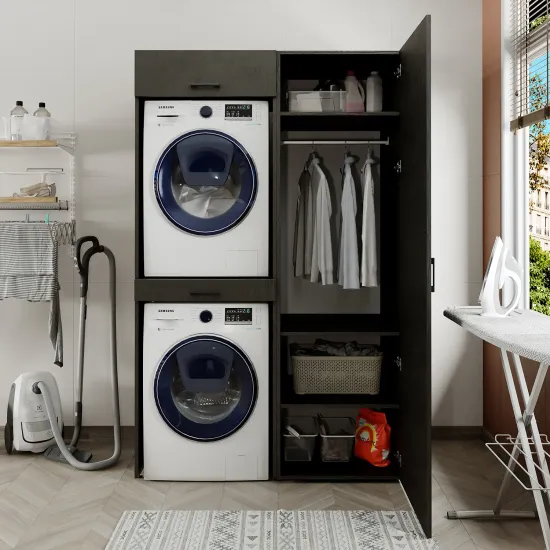 Omarica za pralni in sušilni stroj + stranska omara, 205 cm, črna, 3 police
