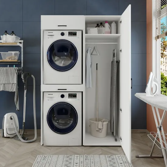 Omarica za pralni in sušilni stroj + stranska omara, 205 cm, bela, 3 police