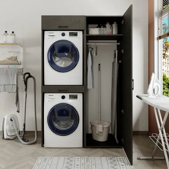 Omarica za pralni in sušilni stroj + stranska omara, 205 cm, črna, 1 polica