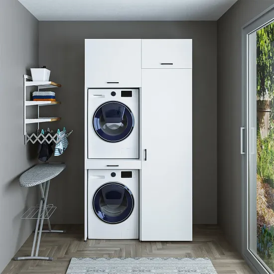 Omarica za pralni in sušilni stroj + stranska omara, 240 cm, bela, 3 police