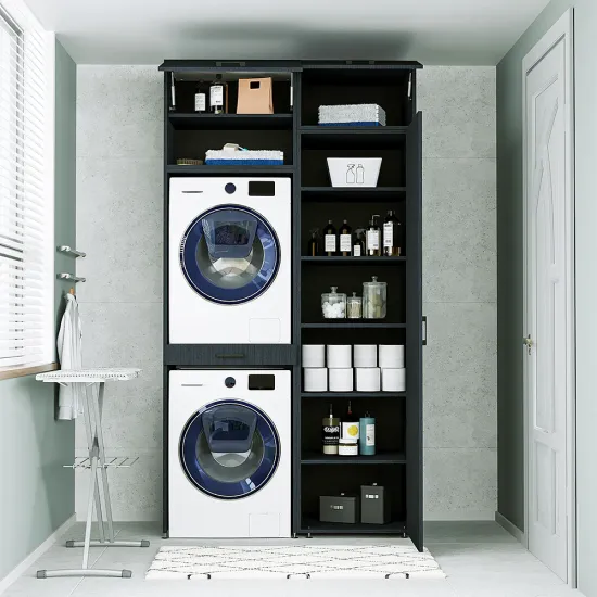 Omarica za pralni in sušilni stroj + stranska omara, 240 cm, črna, 5 police