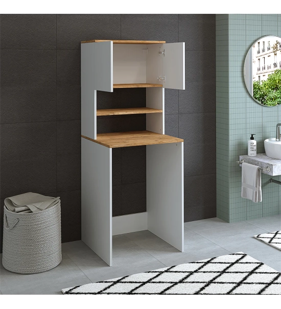 Omara za pralni stroj, bela + hrast, MONICA, 65 x 181 x 60 cm