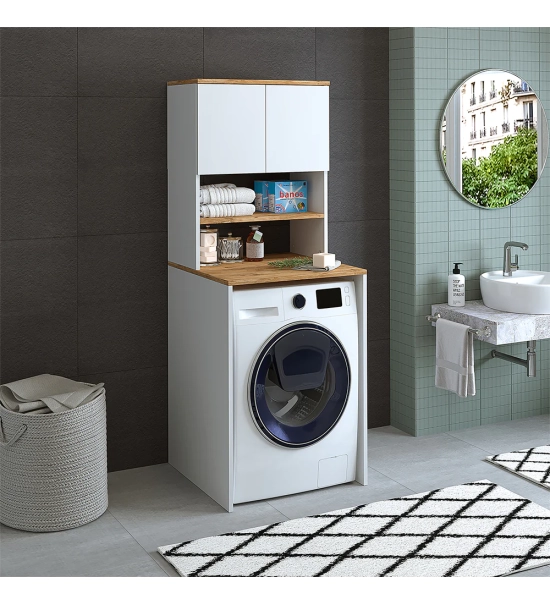 Omara za pralni stroj, bela + hrast, MONICA, 65 x 181 x 60 cm