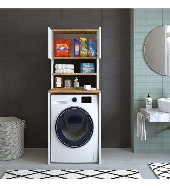 Omara za pralni stroj, bela + hrast, MONICA, 65 x 181 x 60 cm