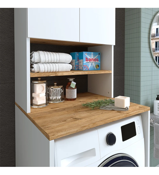 Omara za pralni stroj, bela + hrast, MONICA, 65 x 181 x 60 cm