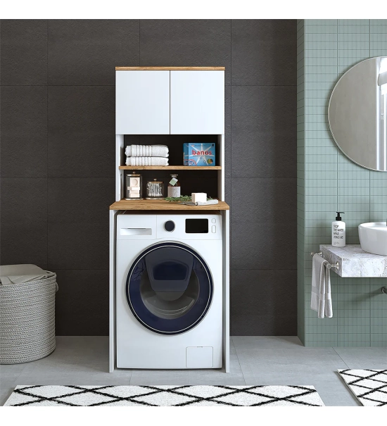 Omara za pralni stroj, bela + hrast, MONICA, 65 x 181 x 60 cm