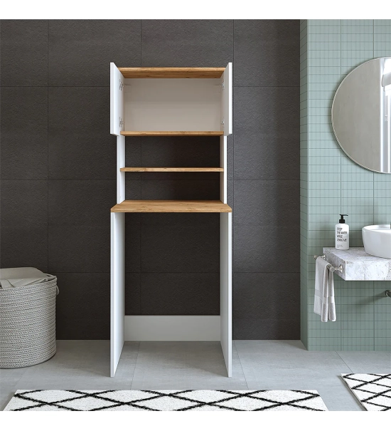 Omara za pralni stroj, bela + hrast, MONICA, 65 x 181 x 60 cm