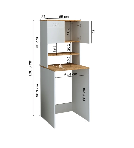 Omara za pralni stroj, bela + hrast, MONICA, 65 x 181 x 60 cm