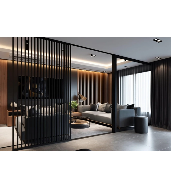 Lesena predelna stena, pripravljena za montažo, črna