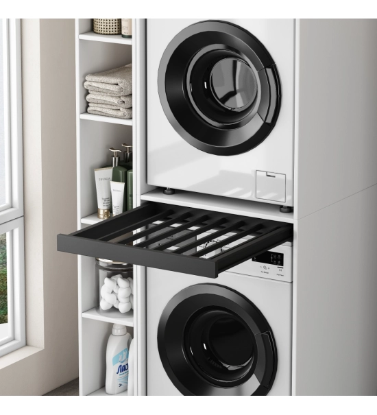 Omarica za pralni in sušilni stroj z zložljivim predalom, BELA + stranska omarica