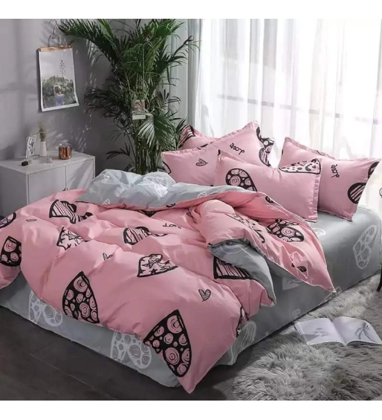 Posteljnina 180x200, PINK HEARTS, 3 delna, roza s srčki