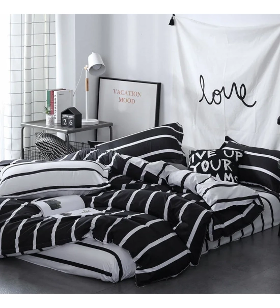 Posteljnina 160x200, 4 delna, črna z belimi črtami